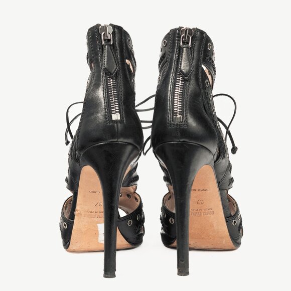 Miu Miu Black Leather Grommet Lace-Up Sandals - Picture 3 of 10
